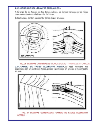 2.3.3.-DOMOS DE SAL –TRAMPAS EN FLANCOS.- 
A lo largo de los flancos de los domos salinos, se forman trampas en las rocas 
reservorio cortadas por la inyección del domo. 
Estas trampas tienden a presentar zonas de pay gruesas. 
FIG. 26 TRAMPAS COMBINADAS- DOMOS DE SAL –TRAMPAS EN FLANCOS 
2.3.4.-CAMBIO DE FACIES BUZMIENTO ARRIBA.-La roca reservorio fue 
depositada con un cambio de facies, porosa y permeable en un área e impermeable 
en otra. 
FIG. 27 TRAMPAS COMBINADAS- CAMBIO DE FACIES BUZMIENTO 
ARRIBA 
 