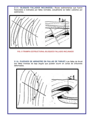 2.1.7.- BLOQUES FALLADOS INCLINADOS.- Rocas sedimentarias que fueron 
fracturados e inclinados por fallas normales, actualmente se hallan cubiertos por 
sedimentos. 
FIG. 9 TRAMPA ESTRUCTURAL-BLOQUES FALLADO INCLINADO 
2.1.8.- PLIEGUES DE ARRASTRE EN FALLAS DE THRUST.-Las fallas de thrust 
son fallas inversas de bajo ángulo que pueden ocurrir en zonas de cinturones 
deformados. 
 
