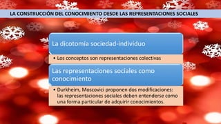 LA CONSTRUCCIÓN DEL CONOCIMIENTO DESDE LAS REPRESENTACIONES SOCIALES
La dicotomía sociedad-individuo
• Los conceptos son representaciones colectivas
Las representaciones sociales como
conocimiento
• Durkheim, Moscovici proponen dos modificaciones:
las representaciones sociales deben entenderse como
una forma particular de adquirir conocimientos.
 