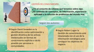  Es el conjunto de saberes que tenemos sobre algo.
El conjunto de conceptos, de información, experiencia
aplicable a la solución de problemas del mundo real.
GESTIÓN DE CONOCIMIENTO
Según David Snowden es la
identificación como optimización y
gestión dinámica de los activos
intelectuales en formas de
conocimiento explícito o tácito
poseído por personas o
comunidades.
Según Robert Logan la
Gestión de conocimiento está
relacionada con el uso de la
información estratégica para
conseguir los objetivos de
negocio.
Según los autores:
 