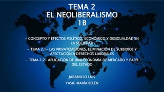 TEMA 2
EL NEOLIBERALISMO
1B
- CONCEPTO Y EFECTOS POLÍTICO, ECONÓMICO Y DESIGUALDAD EN
LA SOCIEDAD
- TEMA 2.1- LAS PRIVATIZACIONES, ELIMINACIÓN DE SUBSIDIOS Y
AFECTACIÓN A DERECHOS LABORALES
- TEMA 2.2- APLICACIÓN DE UNA ECONOMÍA DE MERCADO Y PAPEL
DEL ESTADO
JARAMILLO LUIS
YASIG MARÍA BELÉN
 