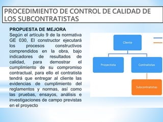 PROPUESTA DE MEJORA
Según el artículo 9 de la normativa
GE 030, El constructor ejecutará
los procesos constructivos
comprendidos en la obra, bajo
indicadores de resultados de
calidad, para demostrar el
cumplimiento de su compromiso
contractual, para ello el contratista
tendrá que entregar al cliente las
evidencias de cumplimiento del
reglamentos y normas, así como
las pruebas, ensayos, análisis e
investigaciones de campo previstas
en el proyecto
 