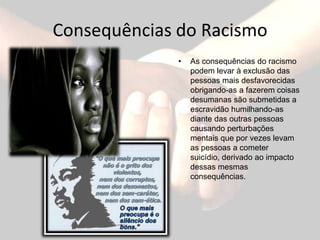 Consequências do RacismoAs consequências do racismo podem levar à exclusão das pessoas mais desfavorecidas obrigando-as a fazerem coisas desumanas são submetidas a escravidão humilhando-as diante das outras pessoas causando perturbações mentais que por vezes levam as pessoas a cometer suicídio, derivado ao impacto dessas mesmas consequências. 