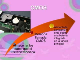 CMOS
Almacenar los
datos que el
usuario modifica
Memoria
llamada
CMOS
Alimentada
constantem
ente desde
una batería
integrada
en la tarjeta
principal
 