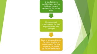Si los factores
ambientales son los
óptimos para el
desarrollo de un ser
vivo.
Favorecen el
crecimiento de ese
organismo en ese
biotopo
Pero si alguno de esos
factores impide el
crecimiento de una
especie, se habla
de factor limitante.
 