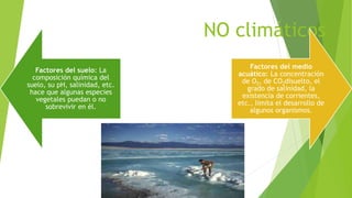 NO climáticos
Factores del suelo: La
composición química del
suelo, su pH, salinidad, etc.
hace que algunas especies
vegetales puedan o no
sobrevivir en él.
Factores del medio
acuático: La concentración
de O2, de CO2disuelto, el
grado de salinidad, la
existencia de corrientes,
etc., limita el desarrollo de
algunos organismos.
 