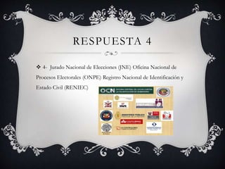 RESPUESTA 4
 4- Jurado Nacional de Elecciones (JNE) Oficina Nacional de
Procesos Electorales (ONPE) Registro Nacional de Identificación y
Estado Civil (RENIEC)
 