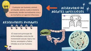 Reservorio de
agENTES INFECCIOSOS
Cualquier ser humano, animal,
artrópodo, planta, suelo o materia
inanimada, donde normalmente vive y
se multiplica un agente infeccioso
Reservorios humanos
El reservorio principal de
enfermedades como las de
transmisión sexual, lepra, tos
ferina, sarampión y fiebre
tifoidea es el ser humano.
 