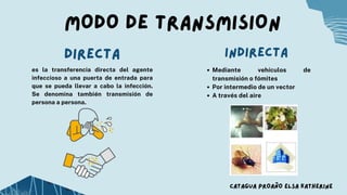 MODO DE TRANSMISION
Mediante vehículos de
transmisión o fómites
Por intermedio de un vector
A través del aire
es la transferencia directa del agente
infeccioso a una puerta de entrada para
que se pueda llevar a cabo la infección.
Se denomina también transmisión de
persona a persona.
DIRECTA INDIRECTA
CATAGUA PROAÑO ELSA KATHERINE
 