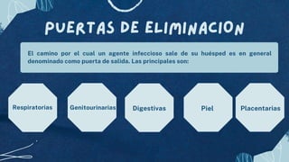 Genitourinarias
PUERTAS DE ELIMINACION
Respiratorias
El camino por el cual un agente infeccioso sale de su huésped es en general
denominado como puerta de salida. Las principales son:
Piel Placentarias
Digestivas
 