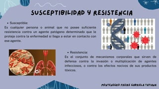 Susceptibilidad y Resistencia
Susceptible:
Es cualquier persona o animal que no posee suficiente
resistencia contra un agente patógeno determinado que le
proteja contra la enfermedad si llega a estar en contacto con
ese agente.
MONTENEGRO FREIRE GABRIELA TATIANA
Resistencia:
Es el conjunto de mecanismos corporales que sirven de
defensa contra la invasión o multiplicación de agentes
infecciosos, o contra los efectos nocivos de sus productos
tóxicos.
 