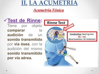II. LA ACUMETRÍA
Test de Rinne:
Tiene por objeto
comparar la
audición de un
sonido transmitido
por vía ósea, con la
audición del mismo
sonido transmitido
por vía aérea.
Acumetría Fónica
 