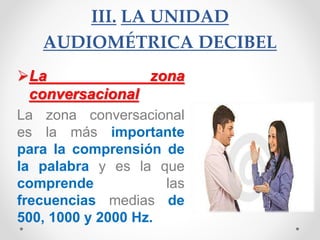 III. LA UNIDAD
AUDIOMÉTRICA DECIBEL
La zona
conversacional
La zona conversacional
es la más importante
para la comprensión de
la palabra y es la que
comprende las
frecuencias medias de
500, 1000 y 2000 Hz.
 