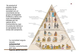 16
Se acentuó el
carácter feudo-
señorial de la
sociedad con un
crecimiento de los
grupos privilegiados
(nobleza y clero) con
unas mentalidades
influidas por los
valores de la
Contrarreforma, que
no producían bienes y
se apropiaban de las
rentas del campesino.
La sociedad seguía
siendo
estamental
Estaba caracterizada
por una
fuerte polarización
 