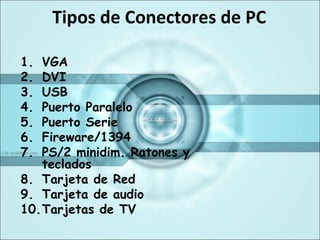 Tipos de Conectores de PC VGA DVI USB Puerto Paralelo Puerto Serie Fireware/1394 PS/2 minidim. Ratones y teclados Tarjeta de Red Tarjeta de audio Tarjetas de TV 