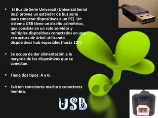 El Bus de Serie Universal (Universal Serial Bus) provee un estándar de bus serie para conectar dispositivos a un PC). Un sistema USB tiene un diseño asimétrico, que consiste en un solo servidor y múltiples dispositivos conectados en una estructura de árbol utilizando dispositivos hub especiales (hasta 127).  Se ocupa de dar alimentación a la mayoría de los dispositivos que se conectan. Tiene dos tipos: A y B. Existen conectores macho y conectores hembra. 