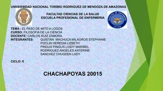 UNIVERSIDAD NACIONAL TORIBIO RODRIGUEZ DE MENDOZA DE AMAZONAS
FACULTAD CIENCIAS DE LA SALUD
ESCUELA PROFESIONAL DE ENFERMERIA
TEMA : EL PASO DE MITO A LOGOS
CURSO: FILOSOFIA DE LA CIENCIA
DOCENTE: CARLOS RUIZ ZAMORA
INTEGRANTES: QUISTAN MACHUCA MILAGROS STEPHANIE
POCLIN HEREDIA LIZBETH
PINGUS PINGUS LOIDY MARIBEL
RODRIGUEZ ANGELES KATERINE
SANCHEZ CHUGDEN LADY
CICLO: II
CHACHAPOYAS 20015
 