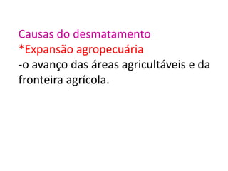 Causas do desmatamento
*Expansão agropecuária
-o avanço das áreas agricultáveis e da
fronteira agrícola.
 