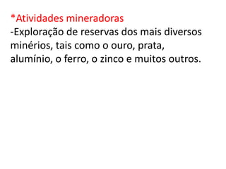 *Atividades mineradoras
-Exploração de reservas dos mais diversos
minérios, tais como o ouro, prata,
alumínio, o ferro, o zinco e muitos outros.
 