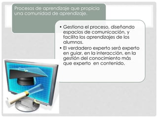 Procesos de aprendizaje que propicia
una comunidad de aprendizaje.
• Gestiona el proceso, diseñando
espacios de comunicación, y
facilita los aprendizajes de los
alumnos.
• El verdadero experto será experto
en guiar, en la interacción, en la
gestión del conocimiento más
que experto en contenido.
 