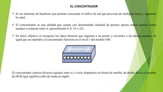 EL CONCENTRADOR
 Es un elemento de hardware que permite concentrar el tráfico de red que proviene de múltiples hosts y regenerar
la señal.
 El concentrador es una entidad que cuenta con determinada cantidad de puertos (posee tantos puertos como
equipos a conectar entre sí, generalmente 4, 8, 16 o 32).
 Su único objetivo es recuperar los datos binarios que ingresan a un puerto y enviarlos a los demás puertos. Al
igual que un repetidor, el concentrador funciona en el nivel 1 del modelo OSI
El concentrador conecta diversos equipos entre sí, a veces dispuestos en forma de estrella, de donde deriva el nombre
de HUB (que significa cubo de rueda en inglés.
 