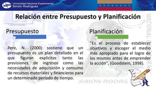 Presupuesto del Sector Público
Presupuesto
Pere, N. (2000) sostiene que un
presupuesto es un plan detallado en el
que figuran explícitas tanto las
previsiones de ingresos como las
necesidades de adquisición y consumo
de recursos materiales y financieros para
un determinado período de tiempo.
Planificación
"Es el proceso de establecer
objetivos y escoger el medio
más apropiado para el logro de
los mismos antes de emprender
la acción", (Goodstein, 1998).
Relación entre Presupuesto y Planificación
 
