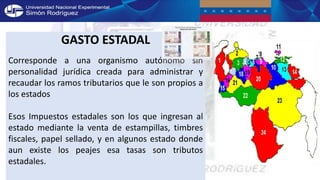 GASTO ESTADAL
Corresponde a una organismo autónomo sin
personalidad jurídica creada para administrar y
recaudar los ramos tributarios que le son propios a
los estados
Esos Impuestos estadales son los que ingresan al
estado mediante la venta de estampillas, timbres
fiscales, papel sellado, y en algunos estado donde
aun existe los peajes esa tasas son tributos
estadales.
 