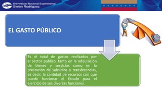 EL GASTO PÚBLICO
Es el total de gastos realizados por
el sector público, tanto en la adquisición
de bienes y servicios como en la
prestación de subsidios y transferencias,
es decir, la cantidad de recursos con que
puede funcionar el Estado para el
ejercicio de sus diversas funciones.
 