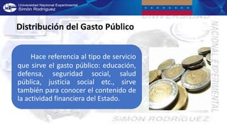 Distribución del Gasto Público
Hace referencia al tipo de servicio
que sirve el gasto público: educación,
defensa, seguridad social, salud
pública, justicia social etc., sirve
también para conocer el contenido de
la actividad financiera del Estado.
 