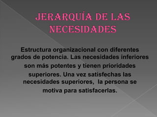 Estructura organizacional con diferentes
grados de potencia. Las necesidades inferiores
    son más potentes y tienen prioridades
      superiores. Una vez satisfechas las
    necesidades superiores, la persona se
          motiva para satisfacerlas.
 