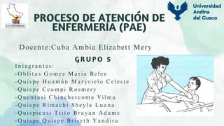 PROCESO DE ATENCIÓN DE
ENFERMERÍA (PAE)
G R U P O 5
I n t e g r a n t e s :
- O b l i t a s G o m e z M a r i a B e l e n
- Q u i s p e H u a m á n M a r y c i e l o C e l e s t e
- Q u i s p e C c o m p i R o s m e r y
- Q u e n t a s i C h i n c h e r c o m a V i l m a
- Q u i s p e R i m a c h i S h e y l a L u a n a
- Q u i s p i c u s i T t i t o B r a y a n A d a m s
- Q u i s p e Q u i s p e B r i s e t h Y a n d i r a
Docente:Cuba Ambia Elizabett Mery
 