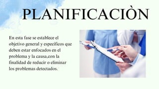 En esta fase se establece el
objetivo general y específicos que
deben estar enfocados en el
problema y la causa,con la
finalidad de reducir o eliminar
los problemas detectados.
PLANIFICACIÒN
 