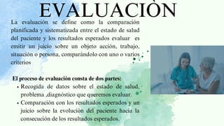 EVALUACIÒN
Recogida de datos sobre el estado de salud,
problema ,diagnóstico que queremos evaluar.
Comparación con los resultados esperados y un
juicio sobre la evolución del paciente hacia la
consecución de los resultados esperados.
La evaluación se define como la comparación
planificada y sistematizada entre el estado de salud
del paciente y los resultados esperados evaluar es
emitir un juicio sobre un objeto acción, trabajo,
situación o persona, comparándolo con uno o varios
criterios
El proceso de evaluación consta de dos partes:
 