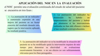 APLICACIÓN DEL NOC EN LA EVALUACIÓN
el NOC permite una evaluación continuada del estado de salud del paciente
se encuentra en tres fases :
1.- La puntuación de un indicador
a aumentado expresión de una
mejora del paciente en un faceta
concreta del resultado deseado esto
sugiere que la intervención aplicada
ha resultado positiva.
2.- La puntuación del indicador ha
disminuido ha habido un
empeoramiento del paciente y habría
que plantearse si las intervenciones
realizadas no han sido eficaces o incluso
si han resultado contraproducentes.
3.- La puntuación del indicador no se ha modificado la situación del
paciente no se ha modificado quizá la intervención requiere de más
tiempo para demostrar su efectividad en evaluaciones
excesivamente frecuentes o no sus efectos no son suficientemente
relevantes para los fines perseguidos.
 