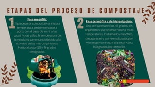 Fase mesófila:
El proceso de compostaje se inicia a
temperatura ambiente y poco a
poco, con el paso de entre unas
pocas horas y días, la temperatura de
la mezcla va aumentando debido a la
actividad de los microorganismos.
Hasta alcanzar 50 y 70 grados
centígrados.
etapas del proceso de compostaje
Fase termófila o de higienización:
Una vez superados los 45 grados, los
organismos que se desarrollan a estas
temperaturas, los llamados mesófilos,
desaparecen y son reemplazados por
microorganismos que soportan hasta
100 grados, los termófilos
 