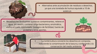 La lombricultura convierte los desechos en composta,
reduciendo la contaminación de la basura y conllevando a la
conservación del medio ambiente.
Alternativa ante acumulación de residuos o desechos,
ya que una tonelada de humus equivale a 10 de
estiércol.
Remplaza los fertilizantes químicos contaminantes, retiene el
agua, pH neutro, contiene carga bacteriana y enzimática,
vivifica el suelo, estimulador biológico de fertilidad, fuente de
proteína y otros aportes.
 