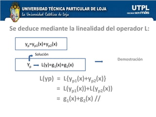 Se deduce mediante la linealidad del operador L:
Demostración
L(yp) = L{yp1(x)+yp2(x)}
= L(yp1(x))+L(yp2(x))
= g1(x)+g2(x) //
yp=yp1(x)+yp2(x)
Yp L(y)=g1(x)+g2(x)
Solución
 