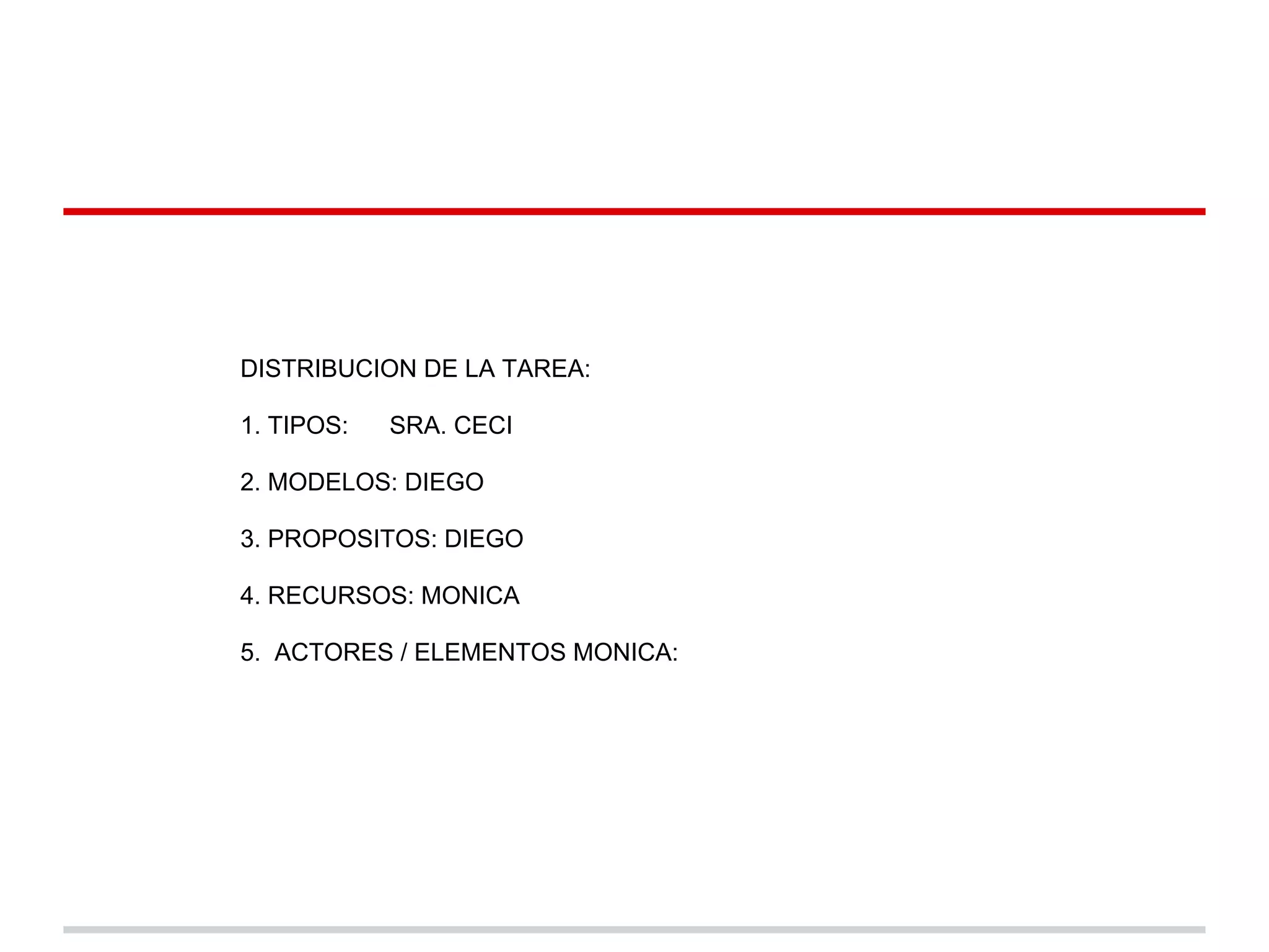 DISTRIBUCION DE LA TAREA:
1. TIPOS: SRA. CECI
2. MODELOS: DIEGO
3. PROPOSITOS: DIEGO
4. RECURSOS: MONICA
5. ACTORES / ELEMENTOS MONICA: