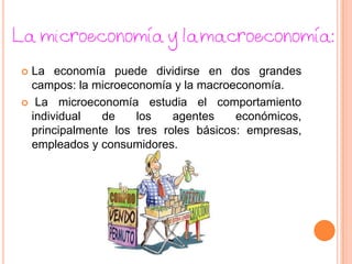  La economía puede dividirse en dos grandes
campos: la microeconomía y la macroeconomía.
 La microeconomía estudia el comportamiento
individual de los agentes económicos,
principalmente los tres roles básicos: empresas,
empleados y consumidores.
 