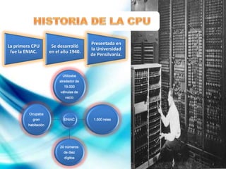 La ENIAC que utilizaba alrededor de
19.000 válvulas de vacío y 1.500 relés .
Ocupaba una gran habitación y solo
trabajaba con veinte números de diez
dígitos.
La primera CPU
fue la ENIAC.
Se desarrolló
en el año 1940.
Presentada en
la Universidad
de Pensilvania.
ENIAC
Utilizaba
alrededor de
19.000
válvulas de
vacío
1.500 reles
20 números
de diez
dígitos
Ocupaba
gran
habitación
 