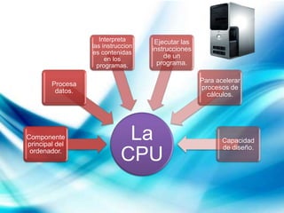 La
CPU
Componente
principal del
ordenador.
Procesa
datos.
Interpreta
las instruccion
es contenidas
en los
programas.
Ejecutar las
instrucciones
de un
programa.
Para acelerar
procesos de
cálculos.
Capacidad
de diseño.
 