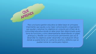 Para una buena gestión educativa se debe basar en principios
importantes que ayuda a una mejor comunicación y organización
que ayudan a alcanzar los objetivos en conjunto por el bien de la
comunidad educativa donde se debe tener bien determinado quien
toma las funciones y como desempeñarlas desarrollando un papel
jerárquico y flexible con comunicación permanente para así al
desarrollar los objetivos poder desarrollar una evaluación eficaz
donde se pueda tomar en cuenta los aciertos y defectos que se
puedan tomar en cuenta para mejorar ,
 