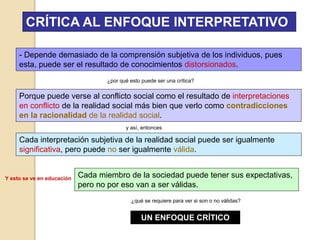 CRÍTICA AL ENFOQUE INTERPRETATIVO
- Depende demasiado de la comprensión subjetiva de los individuos, pues
esta, puede ser el resultado de conocimientos distorsionados.
¿por qué esto puede ser una crítica?
Porque puede verse al conflicto social como el resultado de interpretaciones
en conflicto de la realidad social más bien que verlo como contradicciones
en la racionalidad de la realidad social.
y así, entonces
Cada interpretación subjetiva de la realidad social puede ser igualmente
significativa, pero puede no ser igualmente válida.
Y esto se ve en educación Cada miembro de la sociedad puede tener sus expectativas,
pero no por eso van a ser válidas.
¿qué se requiere para ver si son o no válidas?
UN ENFOQUE CRÍTICO
 