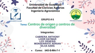 GRUPO # 6
Tema: Centros de origen y centros de
diversidad
Integrantes:
CABRERA ANTHONY
LOOR DAYMAR
LOY GENESIS
MONSERRATE ADRIAN
SILVA SARA
Curso: IAG-S-MA-7-1
Universidad de Guayaquil
Facultad de Ciencias Agrarias
Ingeniería Agronómica
 
