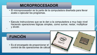 • El microprocesador es la parte de la computadora diseñada para llevar
acabo o ejecutar los programas.
MICROPROCESADOR
• Ejecuta instrucciones que se le dan a la computadora a muy bajo nivel
haciendo operaciones lógicas simples, como sumar, restar, multiplicar
y dividir.
• Es el encargado de proporcionar el
control de las operaciones de cálculo.
FUNCIÓN
 