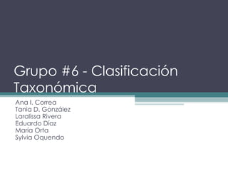 Grupo #6 - Clasificación Taxonómica Ana I. Correa Tania D. González Laralissa Rivera Eduardo Díaz María Orta Sylvia Oquendo 