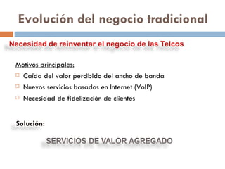 Evolución del negocio tradicional Motivos principales: Caída del valor percibido del ancho de banda Nuevos servicios basados en Internet (VoIP) Necesidad de fidelización de clientes 