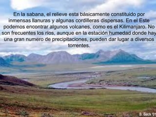 En la sabana, el relieve esta básicamente constituido por
   inmensas llanuras y algunas cordilleras dispersas. En el Este
 podemos encontrar algunos volcanes, como es el Kilimanjaro. No
son frecuentes los ríos, aunque en la estación humedad donde hay
 una gran numero de precipitaciones, pueden dar lugar a diversos
                              torrentes.
      En la sabana, el relieve esta básicamente constituido por
       inmensas llanuras y algunas cordilleras dispersas. En el
        Este podemos encontrar algunos volcanes, como es el
         Kilimanjaro. No son frecuentes los ríos, aunque en la
          estación humedad donde hay una gran numero de
        precipitaciones, pueden dar lugar a diversos torrentes.
 