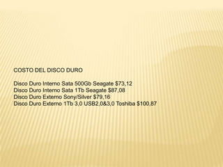 COSTO DEL DISCO DURO
Disco Duro Interno Sata 500Gb Seagate $73,12
Disco Duro Interno Sata 1Tb Seagate $87,08
Disco Duro Externo Sony/Silver $79,16
Disco Duro Externo 1Tb 3,0 USB2,0&3,0 Toshiba $100,87

 