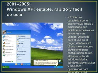 • e Edition se
caracteriza por un
diseño visual limpio y
simplificado que
facilita el acceso a las
funciones más
usadas. Diseñado
para el uso en el
hogar, Windows XP
ofrece mejoras como
el Asistente para
configuración de red,
el Reproductor de
Windows Media,
Windows Movie Maker
y funciones
optimizadas para
 